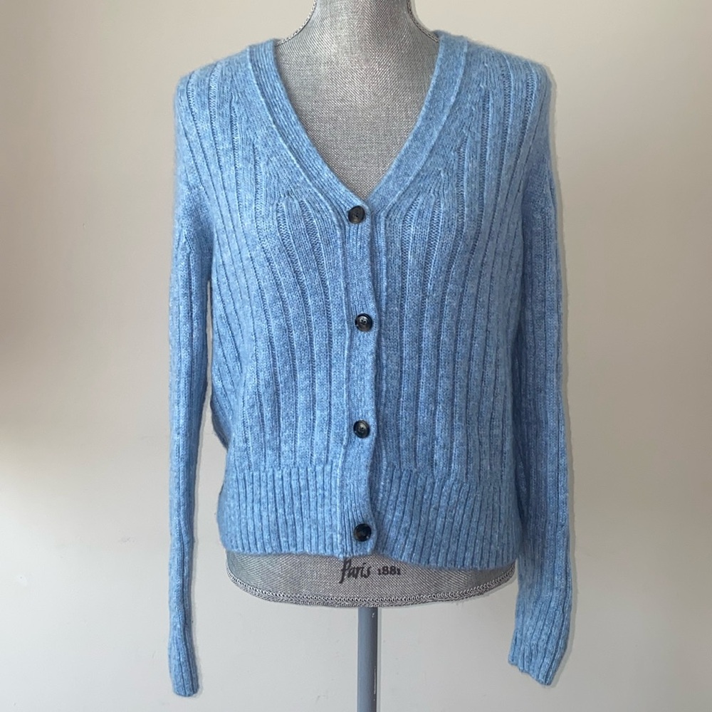 Banana Republic V-Neck Thick Ribbed Knit Wool Alpaca Cardigan Sweater Blue Small